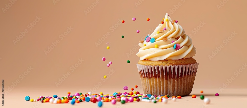 Poster A cupcake adorned with colorful sprinkles, showcasing a delightful appearance against a blank background in a copy space image.