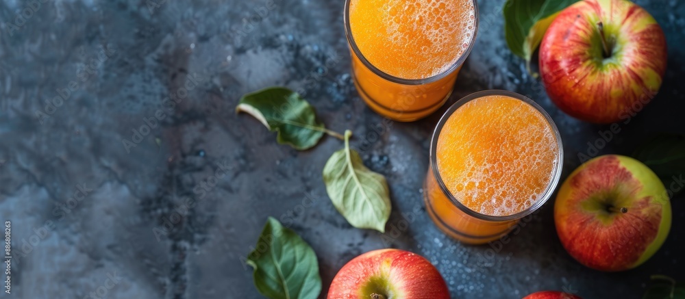 Poster chilled apple juice filled with pulp, unfiltered and unclarified, a refreshing vitamin-packed summer