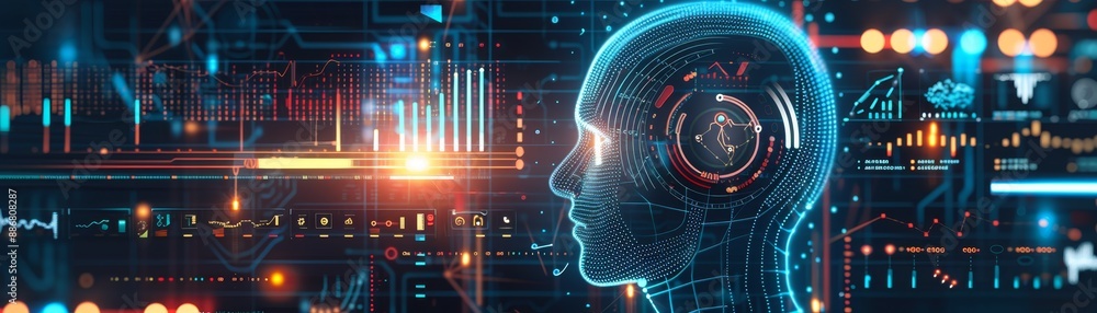 Poster futuristic ai concept with digital human head and interface elements symbolizing artificial intellig