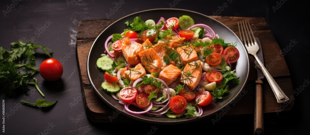 Poster salmon salad with cherry tomatoes on a plate placed on a gray surface with a wooden stand, accompani