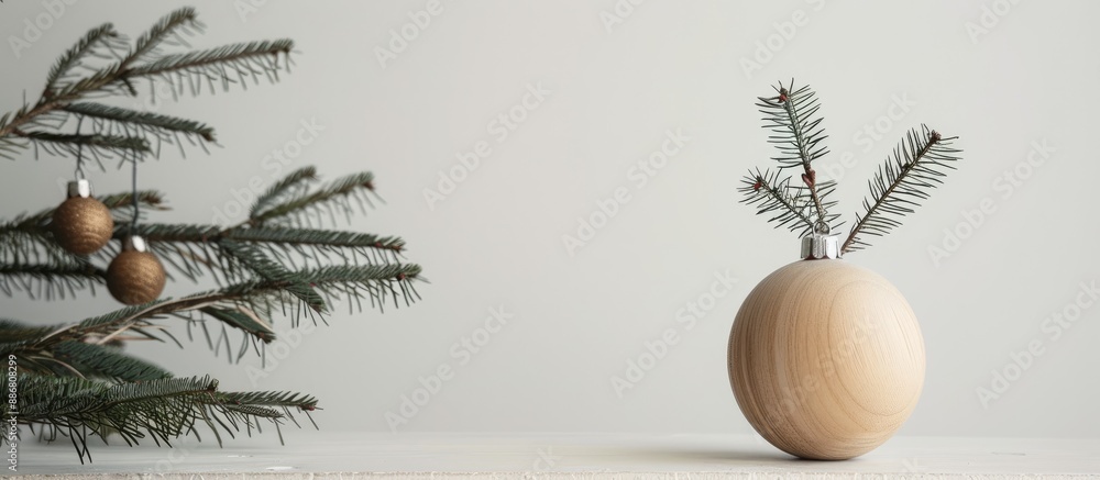 Aufkleber close-up of a stylish christmas ornament on a fir branch in a modern vase set against a white backgr