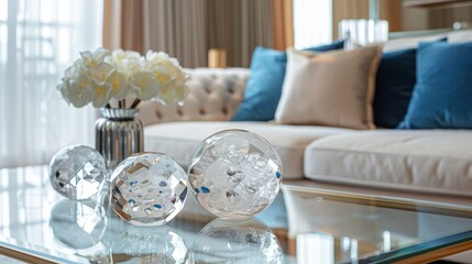 luxurious home decor, glittering crystal paperweights on a glass coffee table bring glamour and luxury to a spacious, well-lit living area