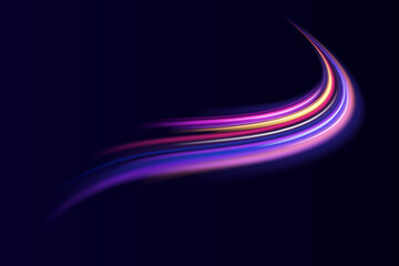 Abstract neon light rays background. A Colorful Motion Background of City Light Trails. Purple glowing wave swirl, impulse cable lines. Long time exposure. Vector