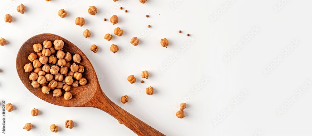 Poster top view of dry organic chickpeas in a wooden spoon on a white background with ample copy space imag