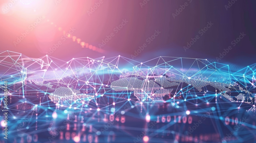 Poster futuristic digital network and world map illustration symbolizing global technology and data communi
