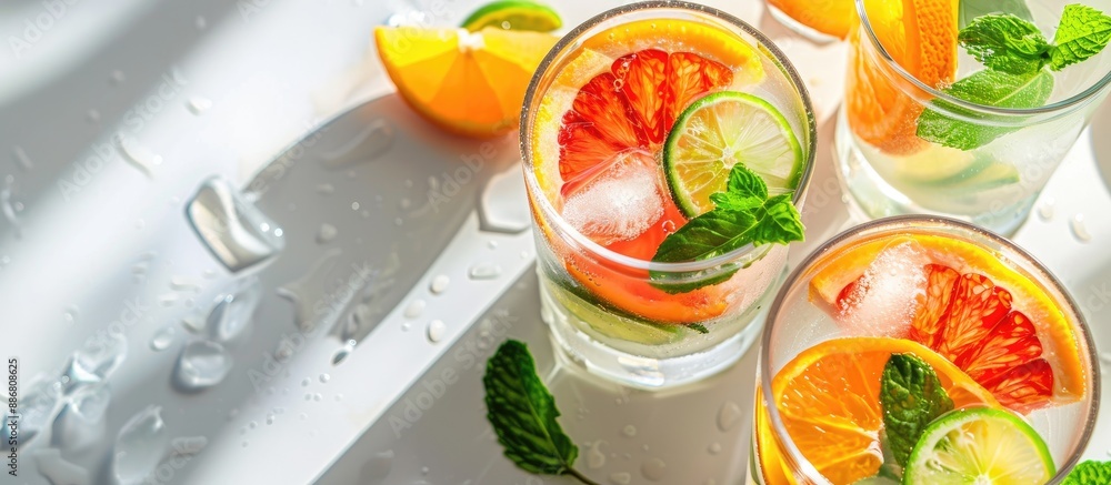 Poster white background with sunlight shadows creates a backdrop for refreshing summer drinks like red oran