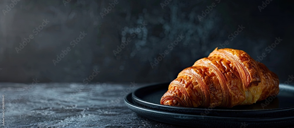 Poster a tempting croissant on a black plate with a dark backdrop in a close-up copy space image.