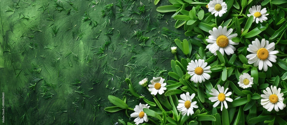 Poster chamomile flowers set on a lush green grass backdrop, ideal for a nature-themed copy space image.