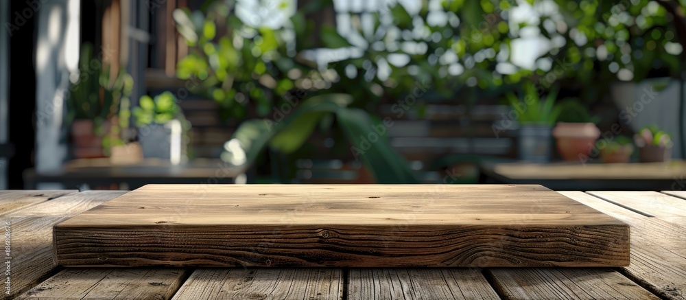 Poster Blank wooden board on a table with a blurred background, ideal for displaying or showcasing products with a copy space image.