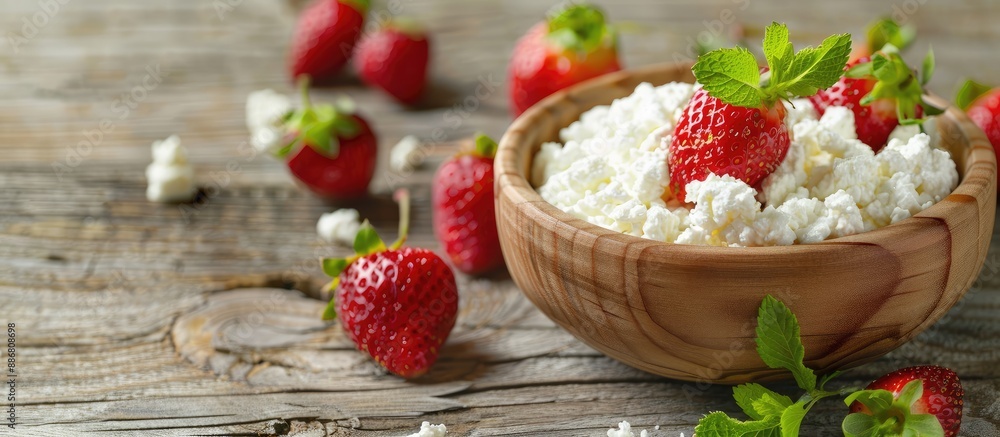 Poster selective focus image of cottage cheese with preserved strawberries in a wooden bowl on an oak table