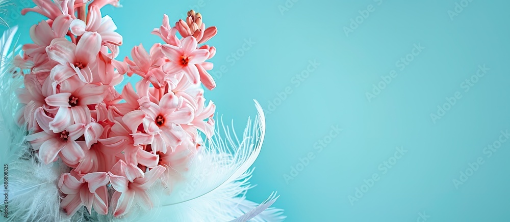Fototapete pink hyacinth flowers with white feathers against pastel blue or cyan colors, ideal for adding your 