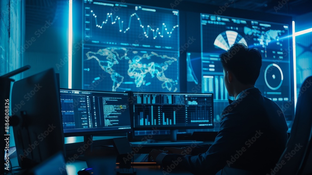 Poster man analyzing global data on multiple screens in a dark room, showcasing technology, data analytics,