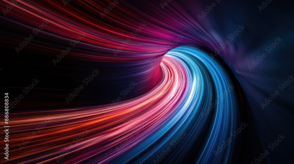 Poster this image illustrates a colorful trail of light in a tunnel, highlighting a vibrant midpoint of red