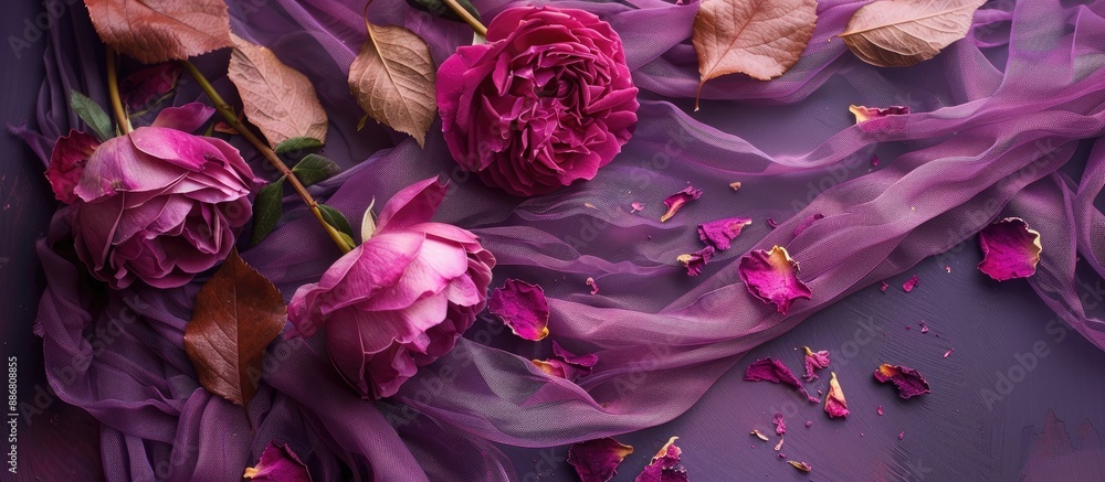 Poster a lovely fashion display of roses on a purple backdrop with scattered leaves and dried rose petals o