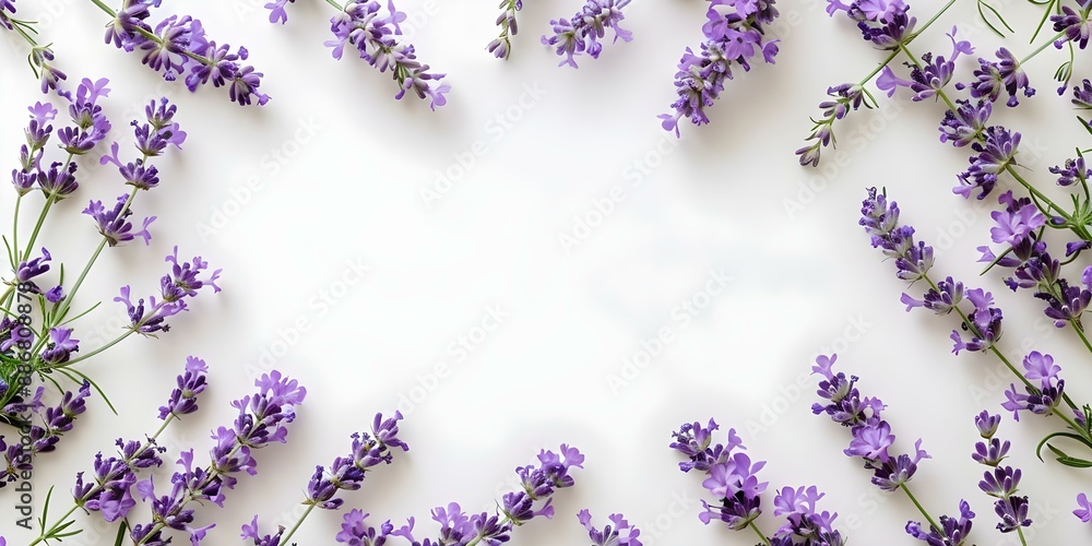 Poster flat lay lavender flower frame on white background with copy space. concept here are some topics tha
