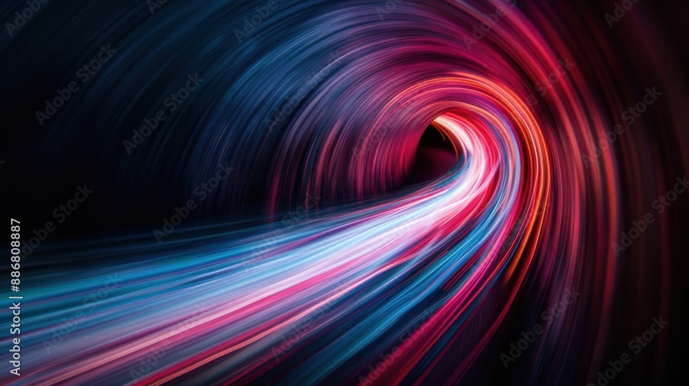Poster this image shows a tunnel filled with vibrant trails of pink and blue light, creating a captivating 