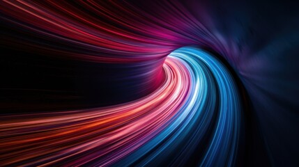 This image illustrates a colorful trail of light in a tunnel, highlighting a vibrant midpoint of red and blue tones, creating a sense of speed and futuristic design in an abstract scene.