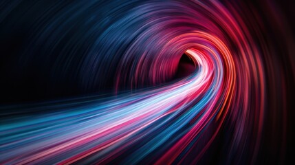 Obraz premium This image shows a tunnel filled with vibrant trails of pink and blue light, creating a captivating sense of movement and futuristic design, set in a dark abstract landscape.