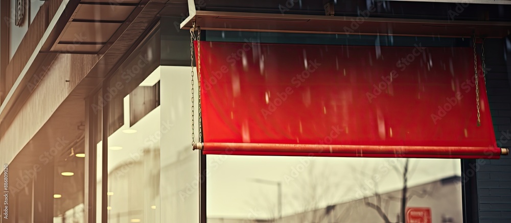 Poster a red sign with empty space hanging on a storefront window, ideal for adding text in the copy space 
