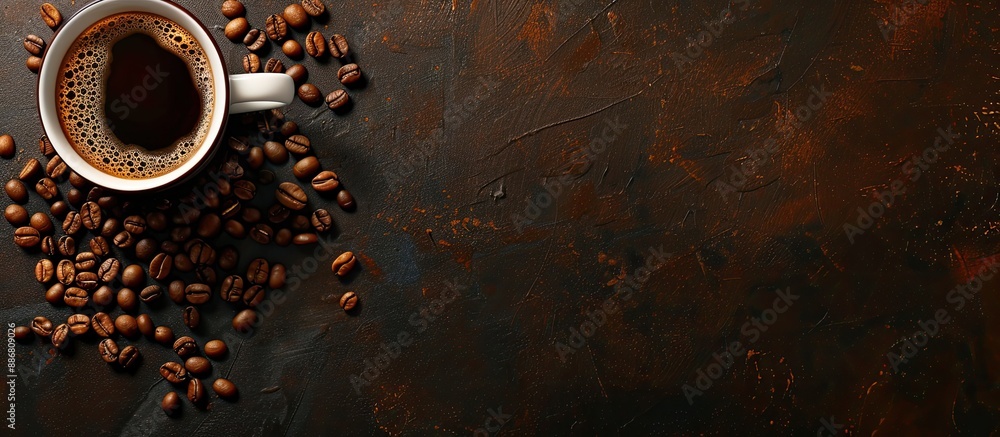 Poster Coffee cup and beans in a top-down view with ample copy space image for text.