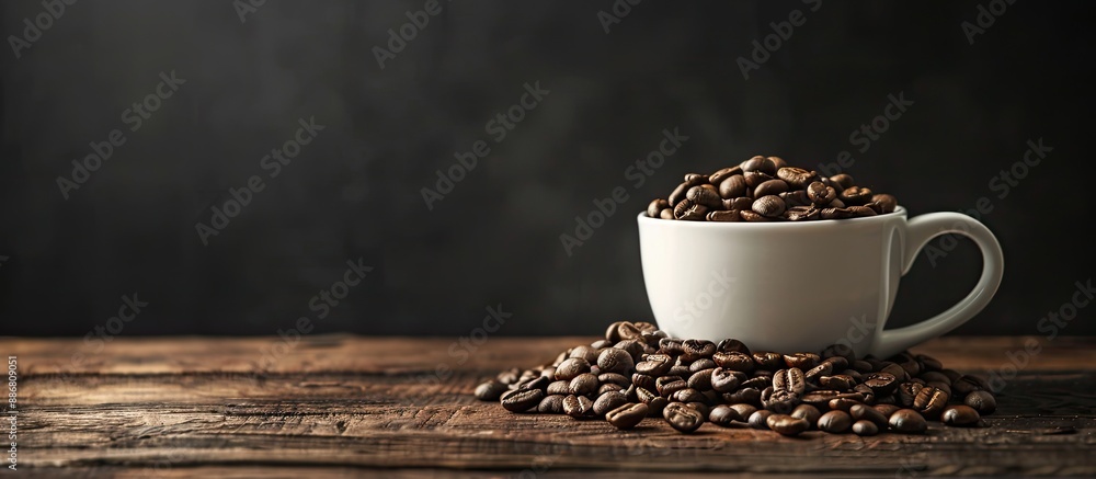 Poster coffee cup with beans on wooden surface against a dark backdrop, perfect as a copy space image.