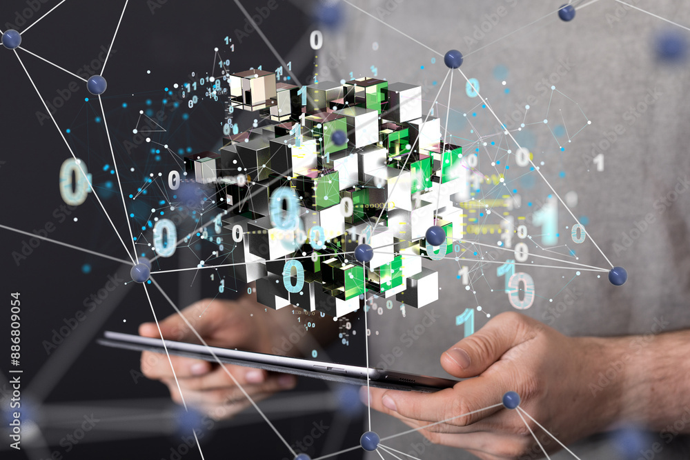 Poster Data cloud storage network from lines, triangles and particle style design.