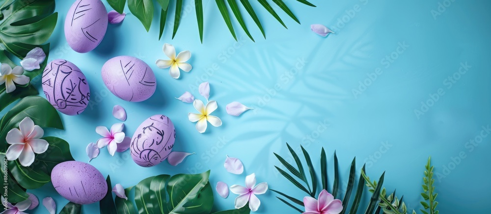 Aufkleber top view of a purple easter eggs arrangement on a blue backdrop with tropical leaves and flowers, cr