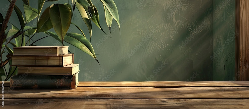 Poster Back to school vibes with a stack of hardcover books atop a wooden table, offering a suitable backdrop for a copy space image.