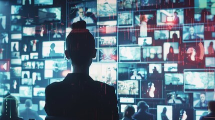 Silhouette of a person in front of numerous digital screens, depicting modern technology, data, and digital information overload.
