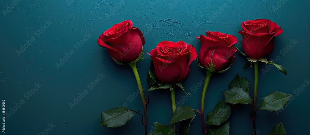 Poster Three vibrant red roses arranged in a line with ample space for text or graphics in the picture.