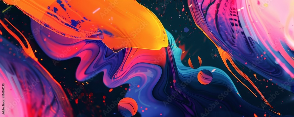 Poster vibrant and dynamic abstract painting with bold colors and fluid shapes, creating a visually captiva