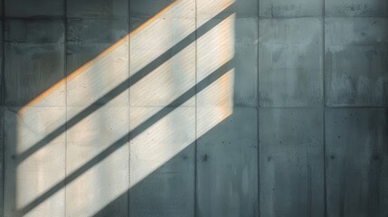 Warm sunlight shines through a window casting elongated striped shadows across a concrete wall, creating a captivating blend of light and shadow.