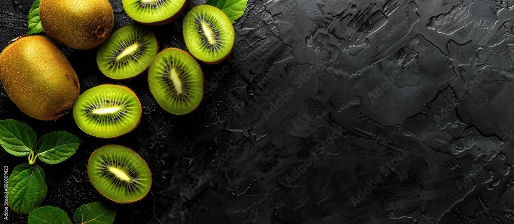 Poster Kiwi fruits displayed on the black kitchen table from a top view with a copy space image.