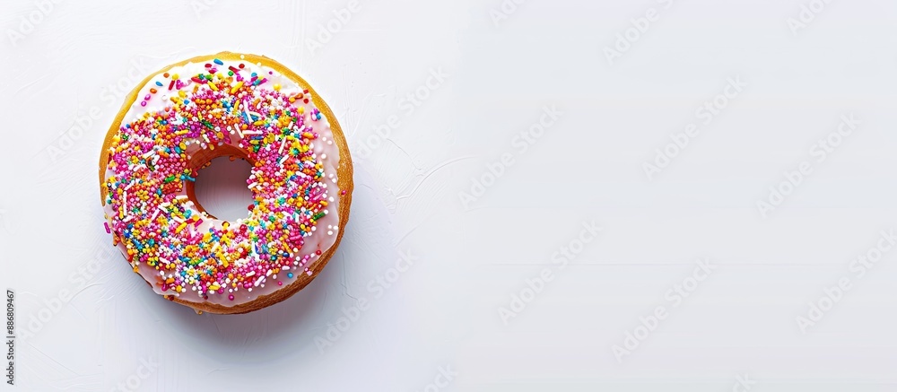 Poster A bird's eye view of a donut topped with vibrant sprinkles displayed on a blank white backdrop, perfect for adding text in the copy space image.