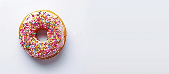 A bird's eye view of a donut topped with vibrant sprinkles displayed on a blank white backdrop, perfect for adding text in the copy space image.