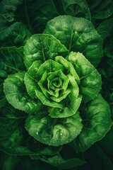 Fototapeta premium Freshly harvested lettuce head with green leaves arranged in a circular pattern. Blurred background of plants suggests garden or farm setting. Perfect for food, eco, and nature-themed projects.