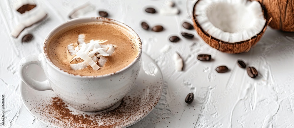 Poster closeup of a delectable coffee with coconut syrup on a white table, displaying copy space image.