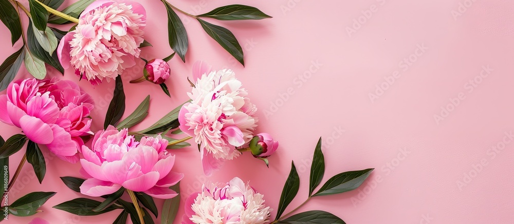 Poster peony flowers and green leaves arranged on a soft pink backdrop create a greeting card theme featuri