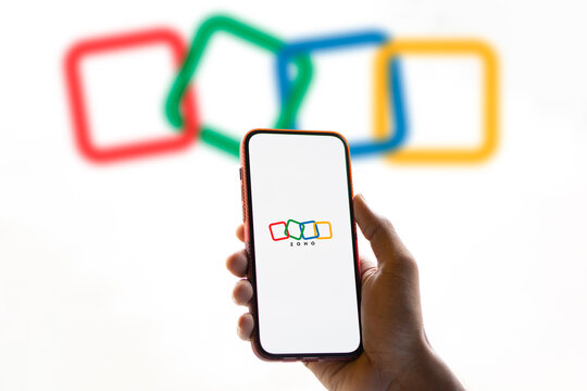 Dhaka, Bangladesh- 16 July 2024: Zoho logo is displayed on smartphone.
