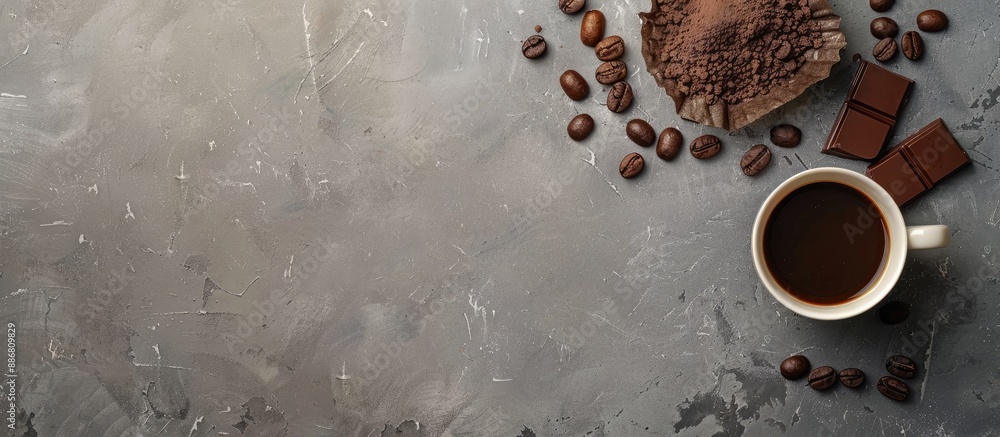 Aufkleber coffee cup and chocolate candy on a concrete surface with empty space for writing or image.