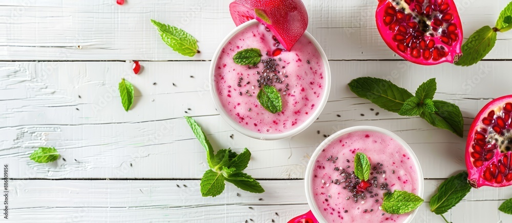 Poster a tasty pitahaya smoothie with mint and fresh fruit displayed on a white wooden table in a flat lay 