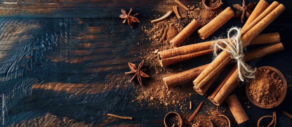Poster cinnamon seasoning displayed with sticks and powder on a dark wooden surface with room for copy spac