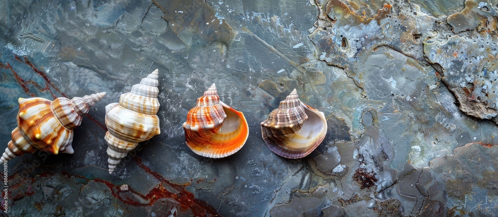 Poster vertical photo shows three sea shells on the left side with copy space image.