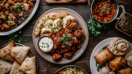 A generously plated Indian meal accompanied by various side dishes, including bread, potatoes, curry, and spicy condiments, arranged on a wooden table with garnishing herbs.