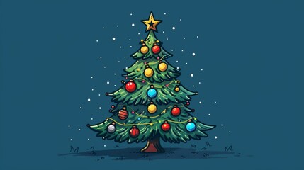 Fototapeta premium festive christmas doodle, cute doodle of a festive christmas tree decorated with baubles, lights, and a star, exuding joyful holiday vibes and cheer