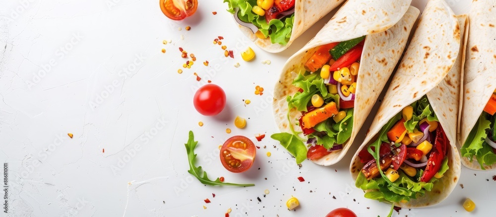 Wall mural top view of vegetable tortilla wraps on a white background with copy space image available.