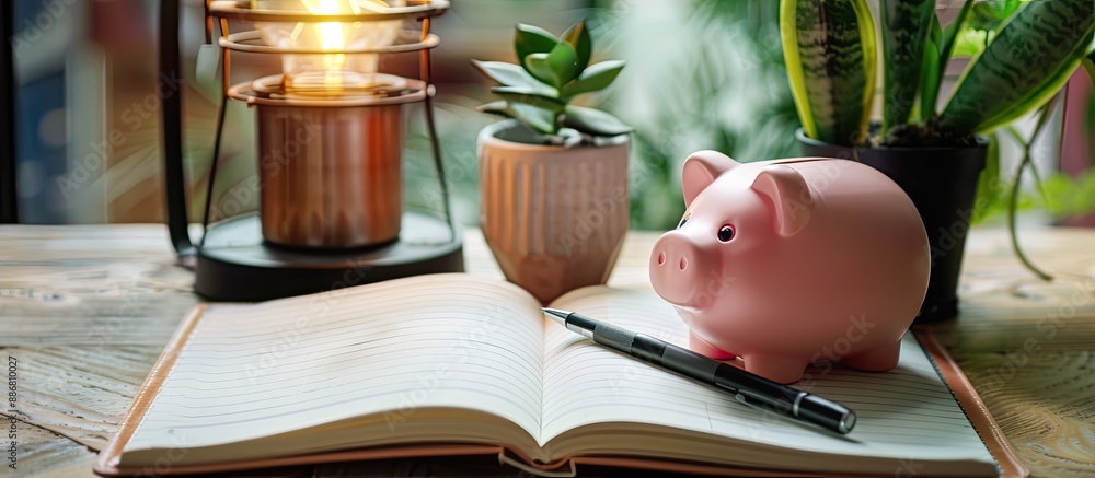 Aufkleber A financial planning scene with a piggy bank and an open notebook displaying a blank page, ideal for copy space image.