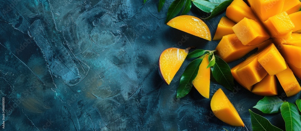 Poster Top view of delicious mango slices on a background with copy space image.