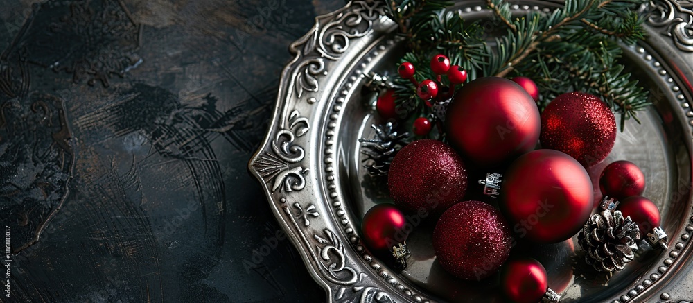 Poster Christmas-themed objects displayed on a silver plate with copy space image.
