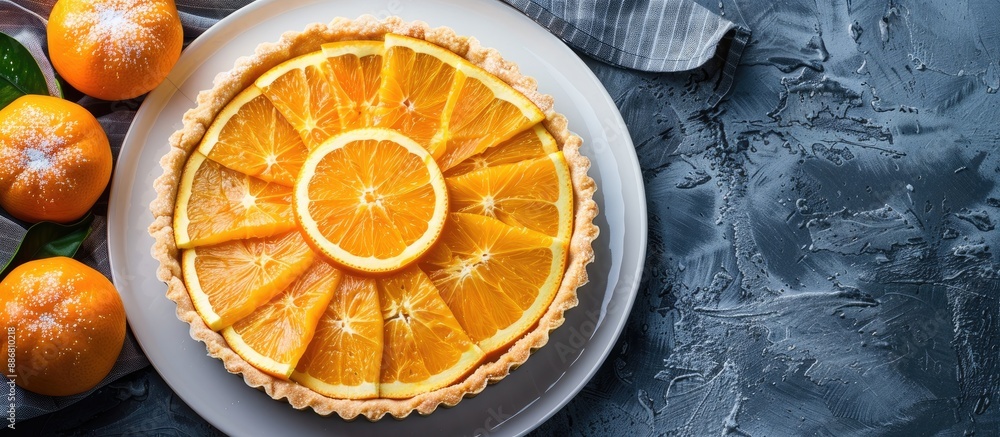 Poster an orange tart with caramelized slices on a gray backdrop, offering room for text or additional imag